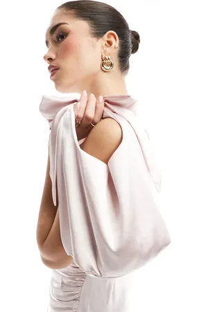Six Stories Bridesmaid satin bow pouch bag in powder