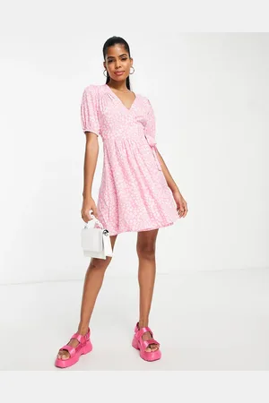 Influence Puff sleeve wrap frill mini dress in floral