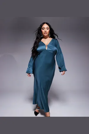 ASOS ASOS DESIGN Curve v neck satin blouson sleeve midaxi dress in dark teal