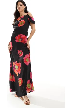 VERO MODA Off shoulder maxi slip dress in black and floral