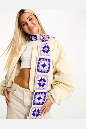 My Accessories London floral patch crochet scarf in purple and white