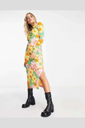 ONLY Midi side split shirt dress in 70s floral