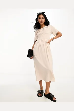 Lola May Shirred midi dress in stone
