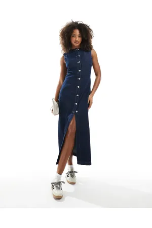 ASOS Round neck denim maxi dress with button front opening in indigo