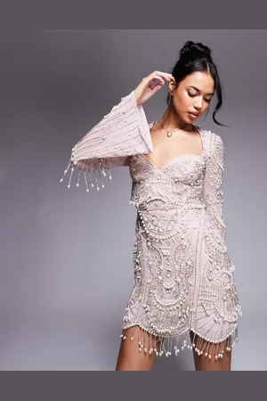 ASOS Flared sleeve embellished mini dress with scalloped edge in light