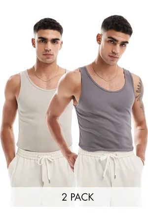 ASOS 2 pack muscle fit rib vests in charcoal and taupe