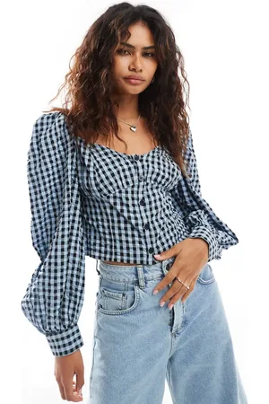 Monki Long sleeve seersucker button front blouse in black and dark check gingham