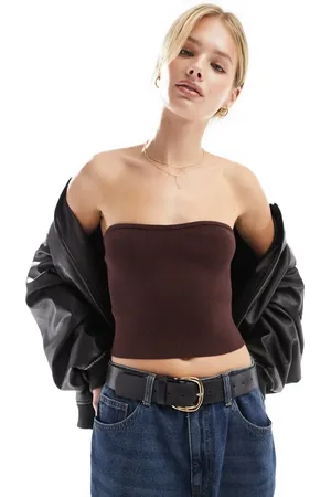 Miss Selfridge Compact knit rib bandeau top in chocolate