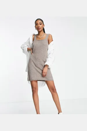 Pieces® Knitted mini pinafore dress in taupe