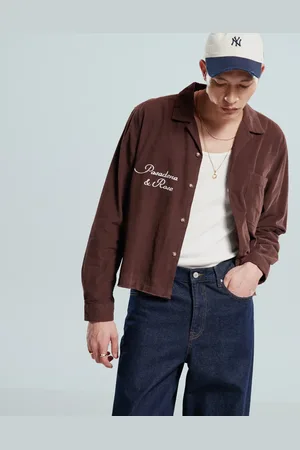 ASOS Crop revere cord shirt with chest embroidery in