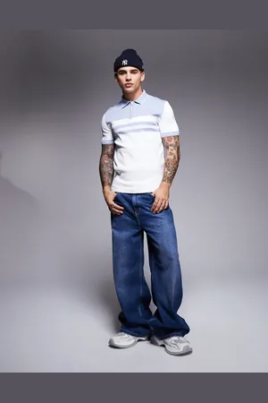 River Island Muscle fit zip polo in and blue