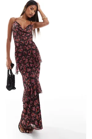 ASOS Mesh ruffle midi dress with belt detail straps in black ditsy floral print