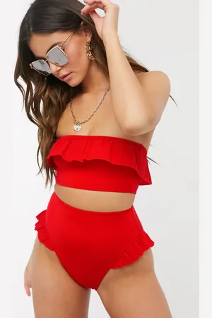 ASOS Pleated frill high waist high leg bikini bottom in