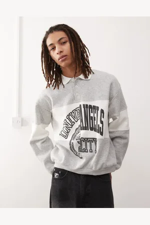 Weekday Andre oversized polo sweatshirt with cut and sew varsity graphic in melange