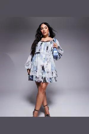 ASOS ASOS DESIGN Curve raw edge corset mini dress with blouson sleeves in blurred print