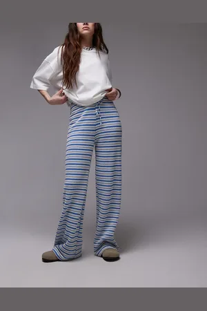Topshop Textured stripe wide leg trousers in blue