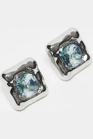 Reclaimed Unisex square set studs with blue stone in
