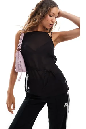 Monki Strappy sheer top with high split on slide and tie back in