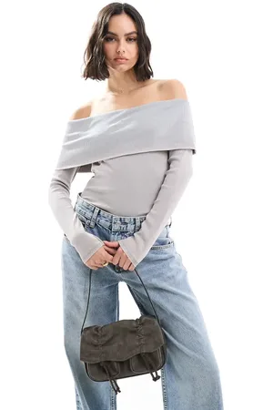 Pimkie Ribbed bardot top in light grey
