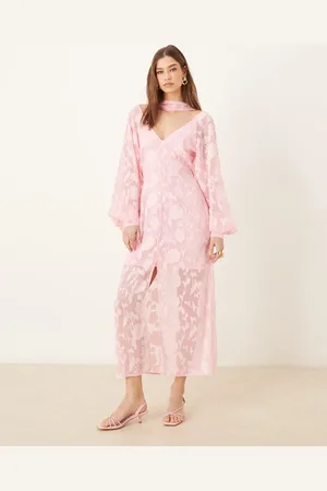 Pretty Lavish Balloon sleeve jacquard maxi dress with scarf detail in