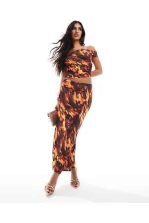 ASOS Co-ord double layer slinky maxi skirt in orange print