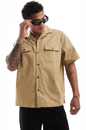 SELECTED Boxy oversized revere collar shirt with double pockets in beige