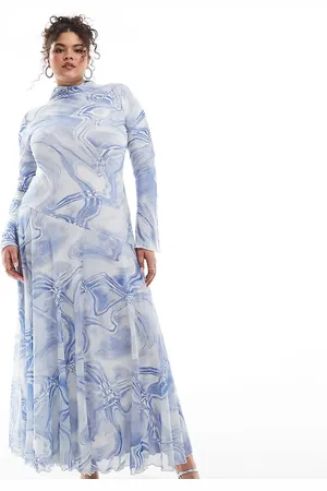ASOS ASOS DESIGN Curve mesh high neck long sleeve a-line maxi dress in blue abstract print