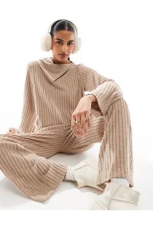 VERO MODA Foldover ribbed jersey top co-ord in beige