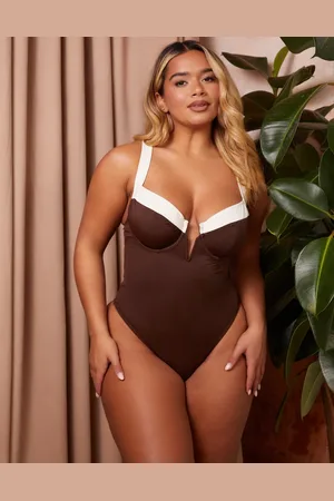 Wolf & Whistle X Natalie Gessey Fuller Bust underwire swimsuit in with white contrast detail