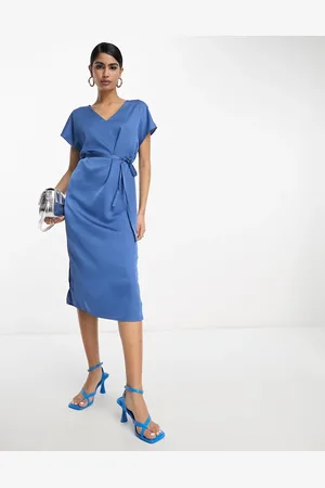 VILA Satin t-shirt midi dress with tie waist in