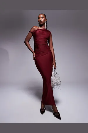 Kaiia Exclusive double layered slinky twist off shoulder bodycon maxi dress in burgundy