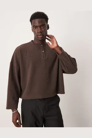ASOS Super oversized cropped heavyweight rib henley jumper in brown