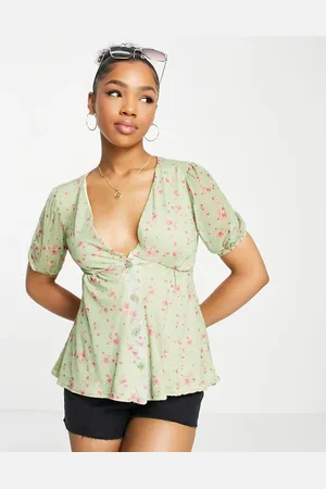In The Style X Perrie Sian puff sleeve button front blouse in lime floral print