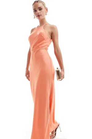ASOS ASOS DESIGN Petite halter racer maxi dress with tie waist and cut out sides in coral