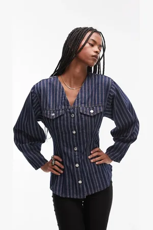 Topshop Red stripe cinched denim shirt in indigo