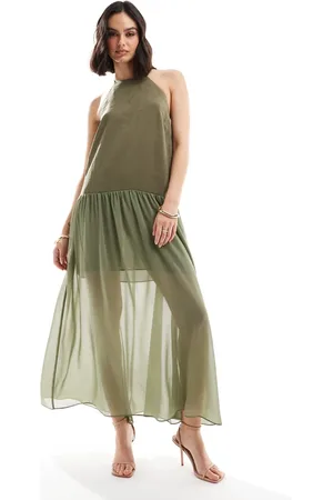ASOS Halter trapeze cupro and chiffon maxi dress in khaki
