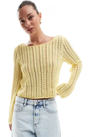 Pieces® Self stripe crochet knit cropped top in banana