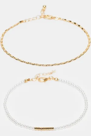 ASOS 14k plated pack of 2 anklets with faux pearl and fine chain design in tone