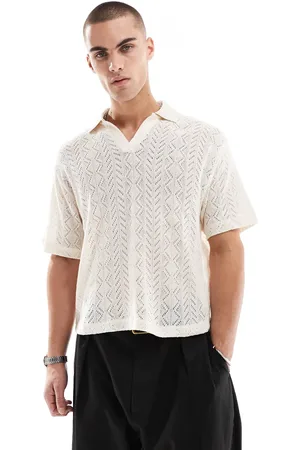 ASOS Relaxed polo shirt with cable knit design in beige