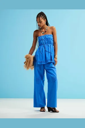 SNDYS Linen blend poplin flower applique wide leg trousers in bright