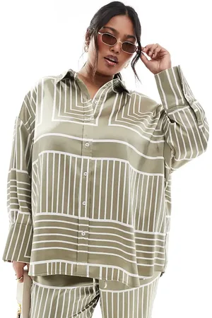 4th & Reckless Satin wide cuff button front shirt co-ord in sage tile print