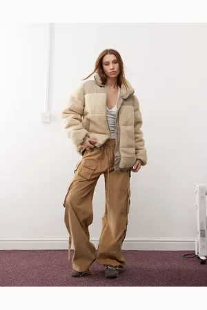 Noisy May High neck teddy padded jacket in beige