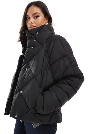 Miss Selfridge Oversized quilted funnel neck crop puffer jacket in