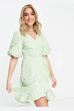 Pieces® Premium embroidered wrap puff sleeve mini dress in
