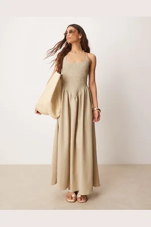 ASOS Scoop neck crinkle maxi dress with cross back in sand