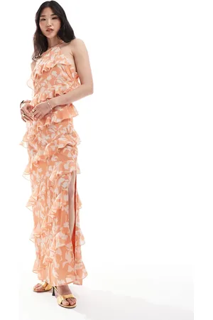 Pretty Lavish Halterneck ruffle maxi dress in terracotta floral
