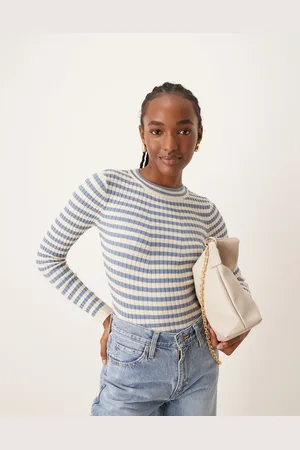 Pieces® Chunky ribbed knit long sleeve top in denim stripe