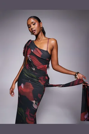 ASOS Stretch chiffon asymmetric drape maxi dress with cowl back and sash detail in dark floral print