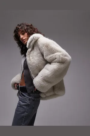 Topshop Faux fur zip through short coat with funnel neck in tipped