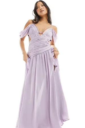 ASOS ASOS DESIGN Petite ruched fallen shoulder cut out maxi dress in lilac